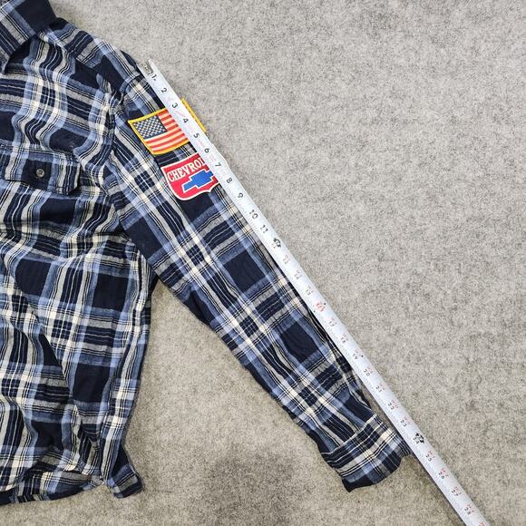 VTG Chevrolet Shirt Mens Large Blue Plaid Flannel Embroiderd Patch Racing USA - Picture 10 of 14